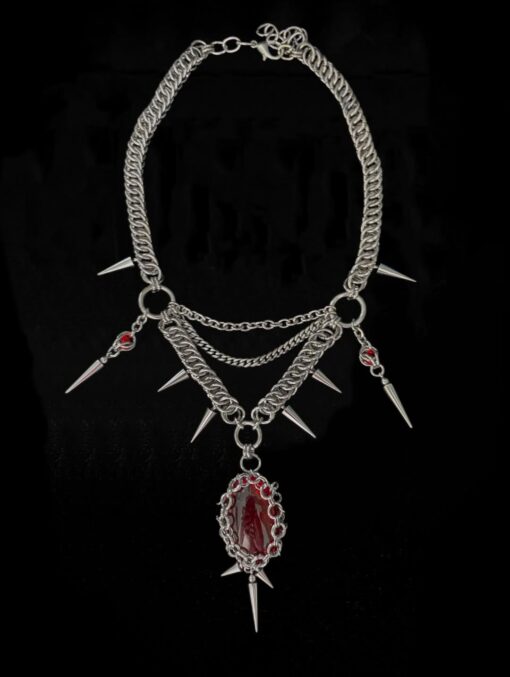 Gothic Chainmail Spike Necklace with Blood Red Stone - Image 2