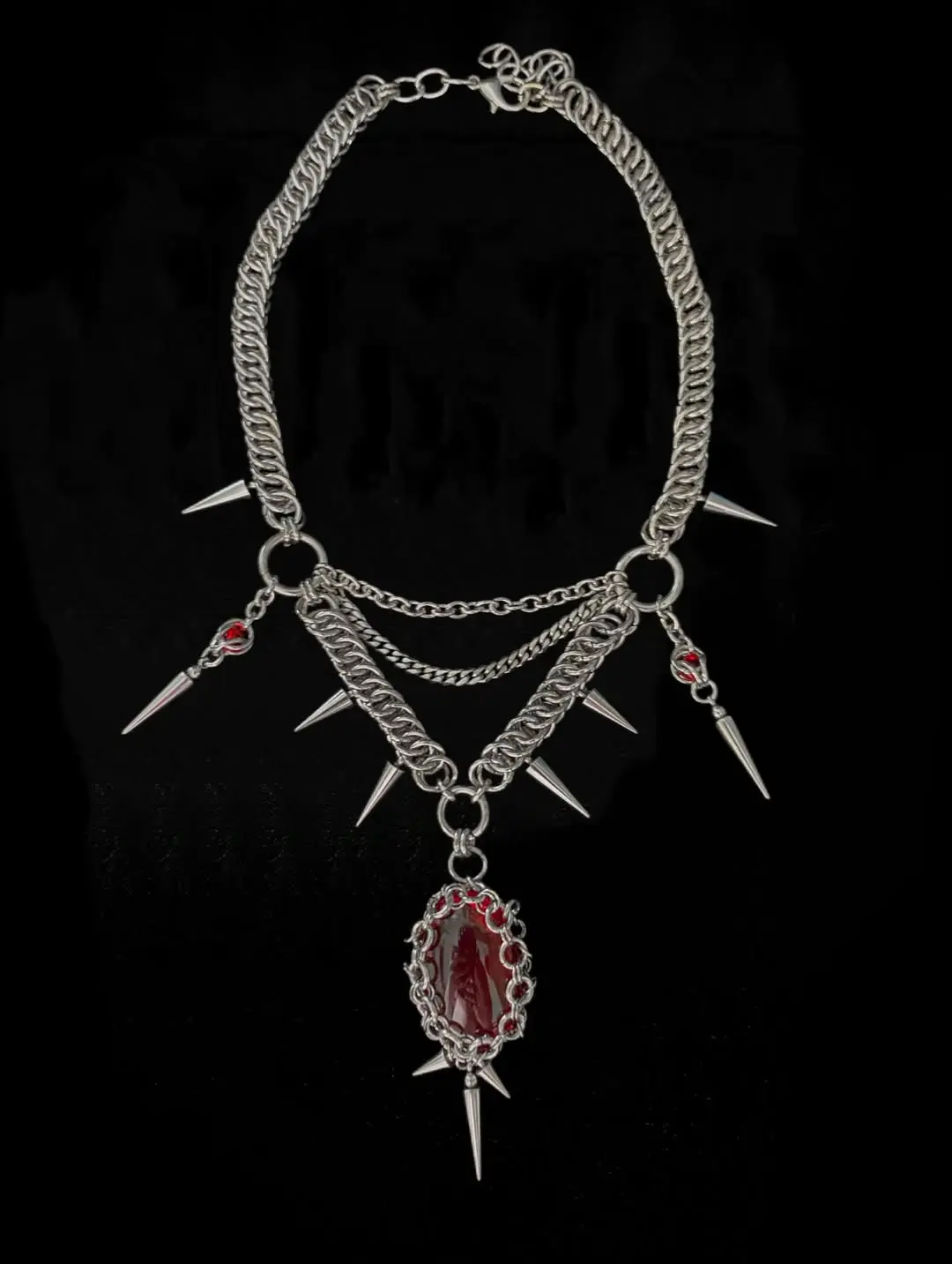 Gothic Chainmail Spike Necklace with Blood Red Stone - Image 4