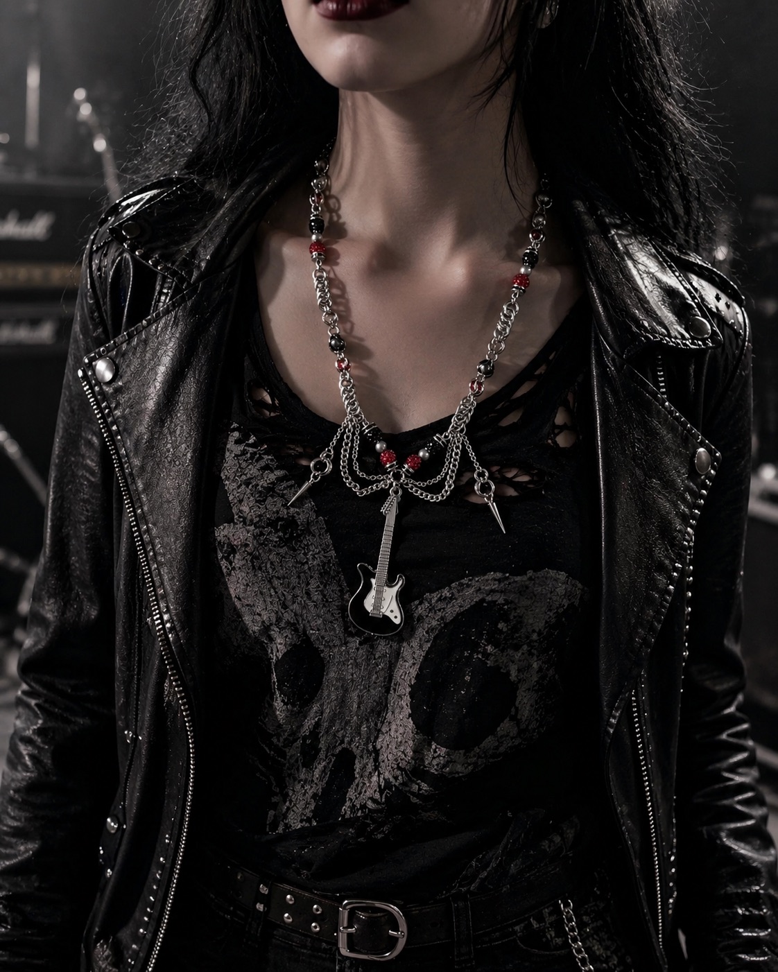 Gothic Guitar Chain Necklace – Rock Punk Chainmail Statement Jewelry - Image 2