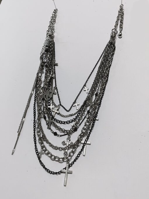 Gothic Layered Chain Necklace with Cross Charms - Image 3