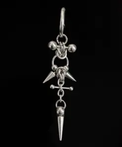 Industrial Spike Drop Chain Earring — Handmade Gothic Earrings, Stainless Steel, Dark Silver, Grizz Studio