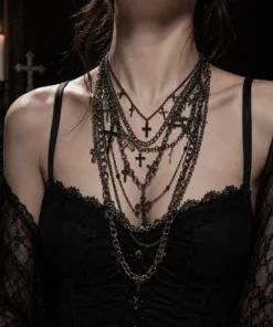 Alternative view of Gothic Layered Chain Necklace with Cross Charms
