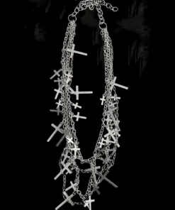 Multi-Layer Gothic Chain Necklace with Geometric Emblem Charms — Handmade Gothic Necklace, Stainless Steel, Dark Silver, Grizz Studio