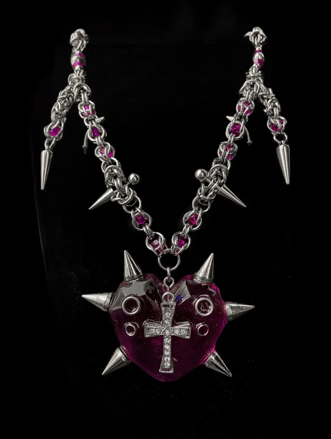 Rosaline Spikeheart Chainmail Necklace — Handmade Gothic Necklace, Stainless Steel, Dark Silver, Grizz Studio