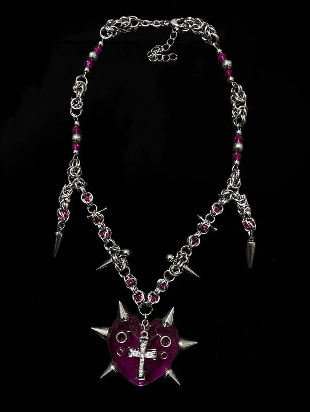 Rosaline Spikeheart Chainmail Necklace — Handmade Gothic Necklace, Stainless Steel, Dark Silver, Grizz Studio
