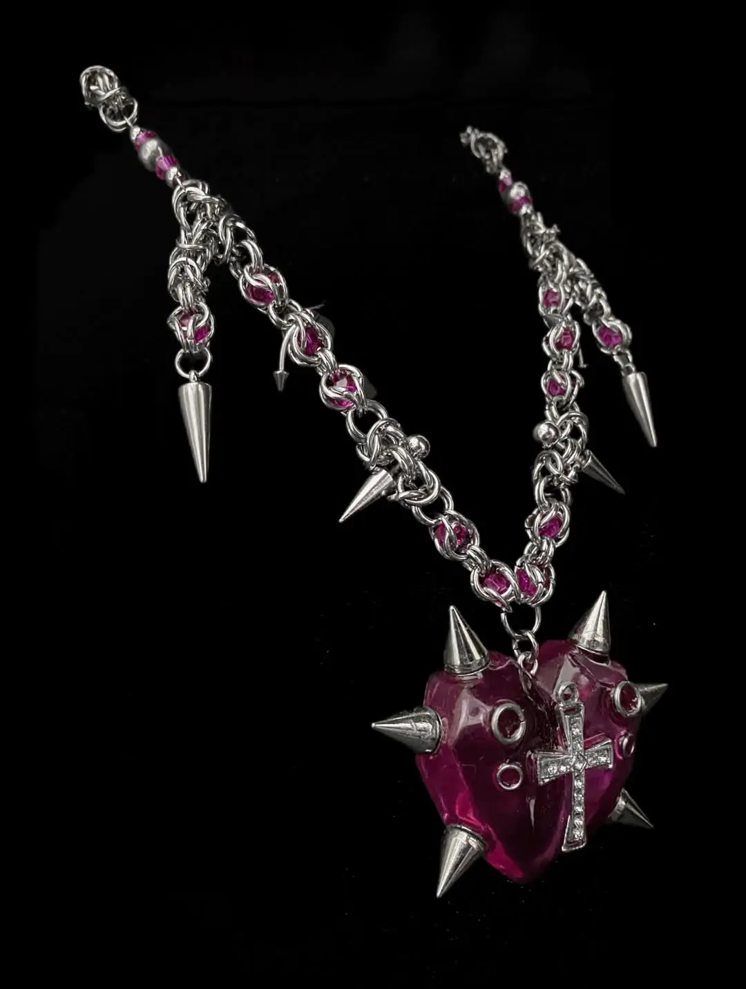 Rosaline Spikeheart Chainmail Necklace — Handmade Gothic Necklace, Stainless Steel, Dark Silver, Grizz Studio