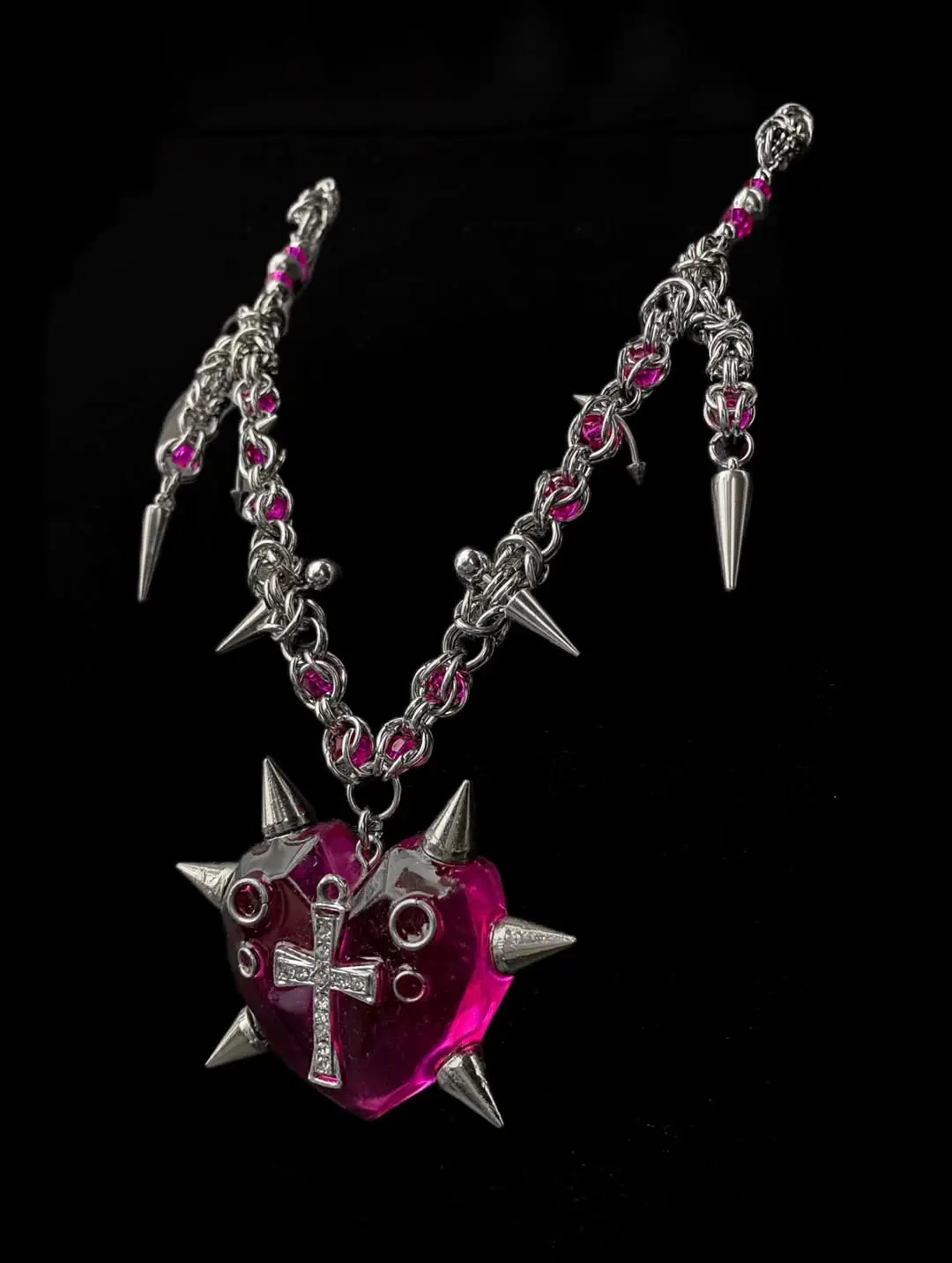 Rosaline Spikeheart Chainmail Necklace — Handmade Gothic Necklace, Stainless Steel, Dark Silver, Grizz Studio