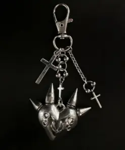 Spiked Relic Heart Gothic Keychain – Handmade Dark Metal Charm with Cross Details