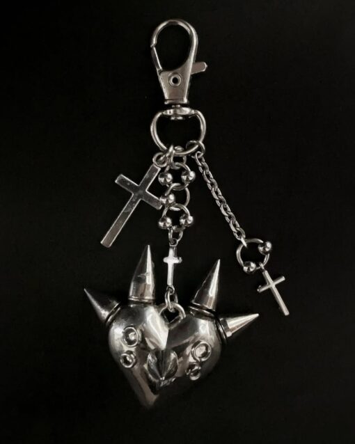 Spiked Relic Heart Gothic Keychain – Handmade Dark Metal Charm with Cross Details - Image 2