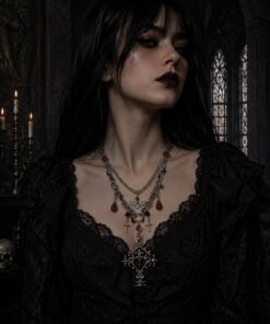 Alternative view of Vampire Gothic Cross Layered Necklace with Blood - Red Crystal Drops