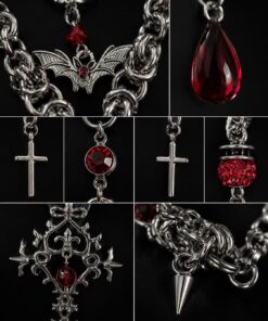 Vampire Gothic Cross Layered Necklace with Blood - Red Crystal Drops — Handmade Gothic Necklace, Stainless Steel, Dark Silver, Grizz Studio