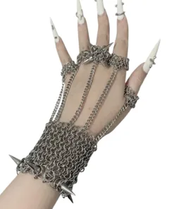 Gothic Spike Chainmail Hand Harness with Finger Chains & Pendant