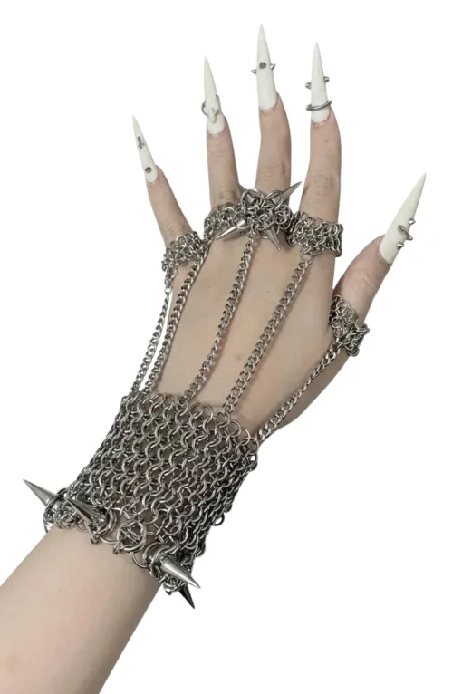 Gothic Spike Chainmail Hand Harness with Finger Chains & Pendant