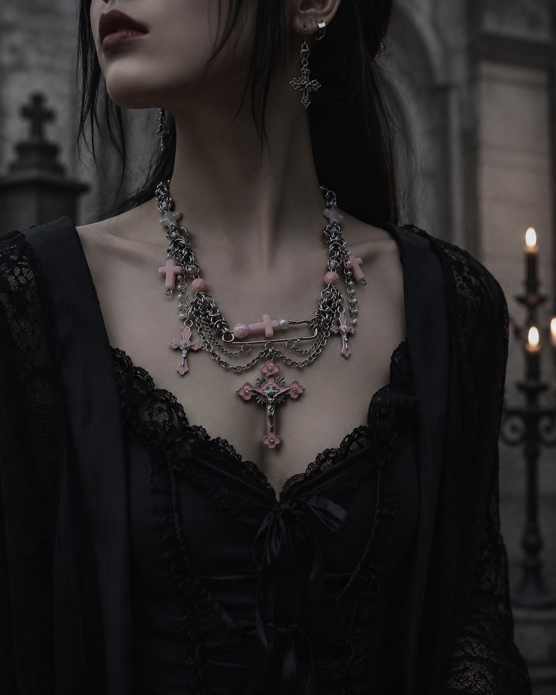 Pastel Pink Gothic Emblem Layered Necklace - Image 2