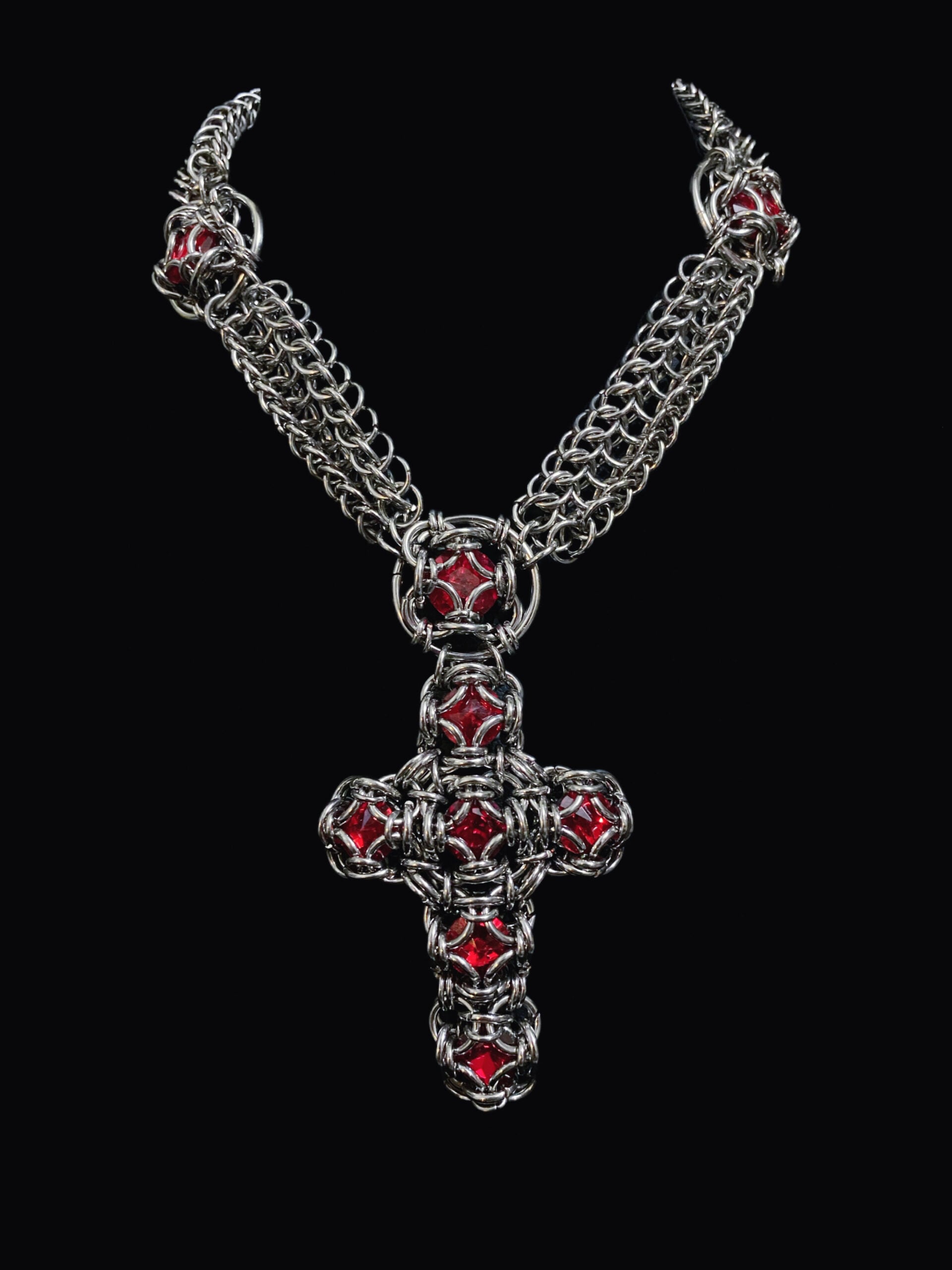 Crimson Reliquary Chainmaille Cross Necklace